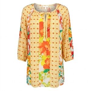 NEW Figueroa & Flower Women's PXL Yellow Floral Mixed Print Tie Neck Tunic